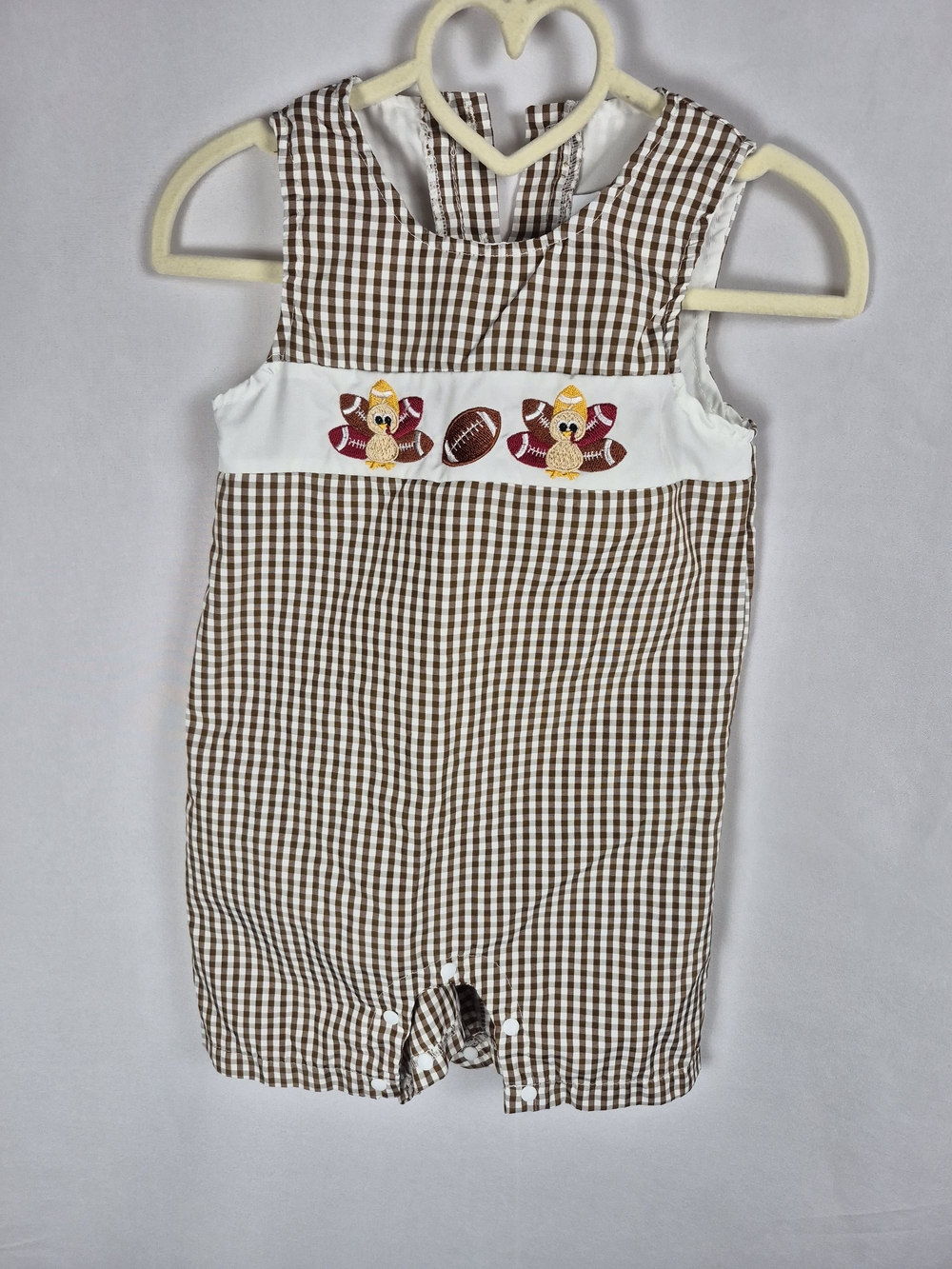 Brown Gingham Football Turkey Appliqué Romper for Kids